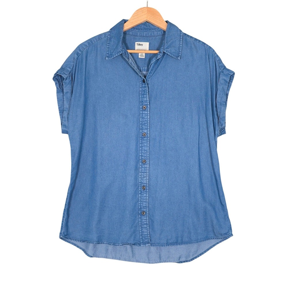 Tilley Women's Lightweight Tencel Button Down Shirt Cap Sleeve Blue Large